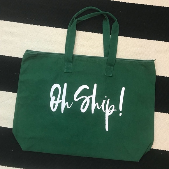 Oh Ship Green White Shipping Tote Bag Zip Closure - Picture 2 of 3